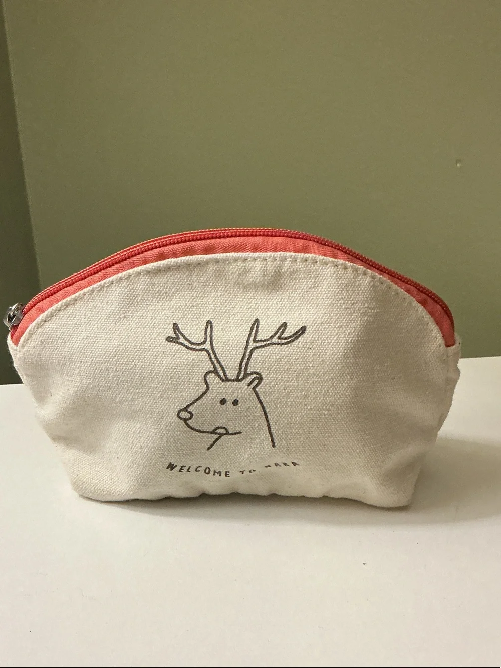 Welcome to Nara Japan Canvas Deer Print Cosmetic Bag Pouch Coral Zip EUC